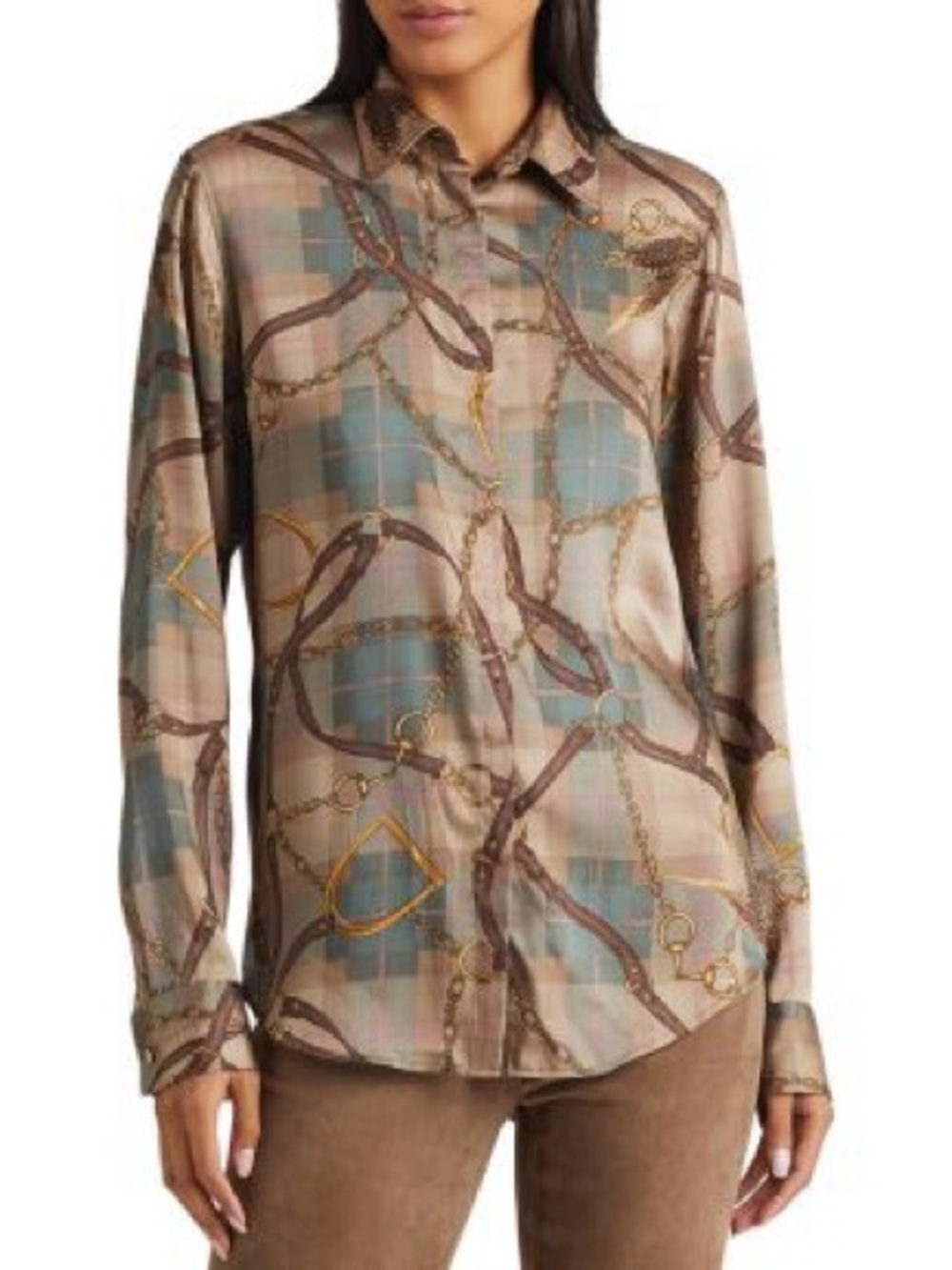 Lauren Ralph Lauren Brown & Green Plaid Chain-Print Long Sleeve Blouse - Picture 2 of 13
